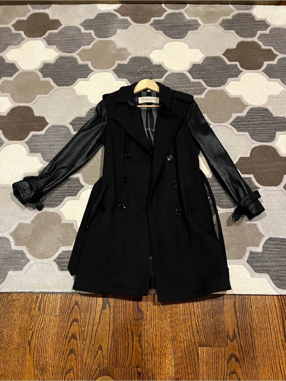 Burberry Black Trench Coat with Leather Sleeves (8)